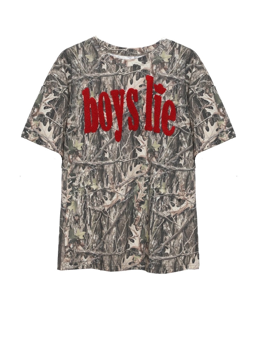 Boys Lie Women's Short Sleeve Tee — Ivory and Charcoal Tie-Dye with Red Logo